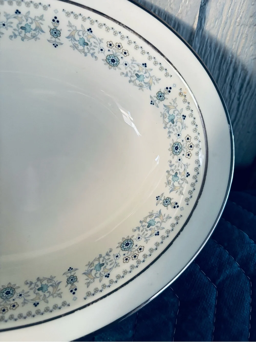 White Ceramic Serving Platter with Blue Floral Trim
